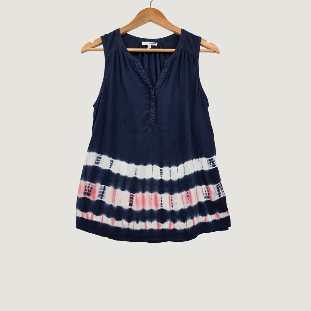 Sonoma Goods For Life Navy Pink Tie Dye Sleeveless Rayon Blouse Top Medium M